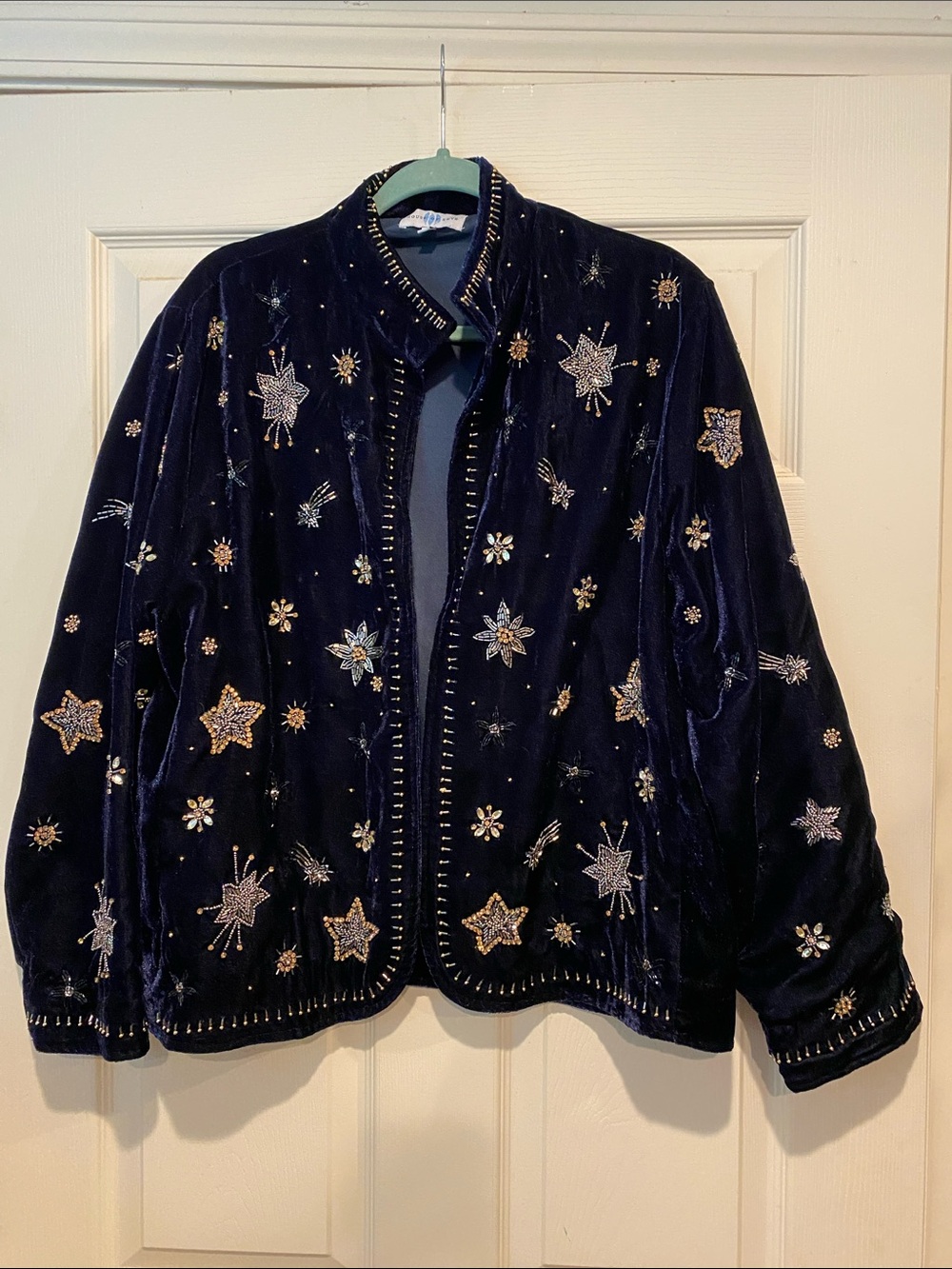 House of Skye Embellished Velvet Bomber Jacket in Navy with Metallic Accents